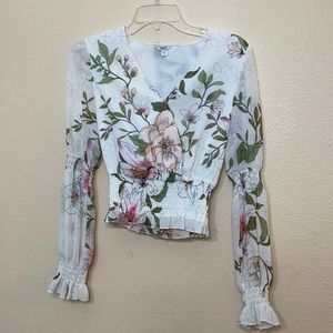 XS Guess Floral Sheer Long-Sleeve V-neck Blouse
